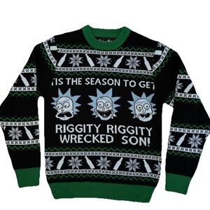 Rick and Morty Cartoon Network Black Green Graphic Sweater Winter Size Medium